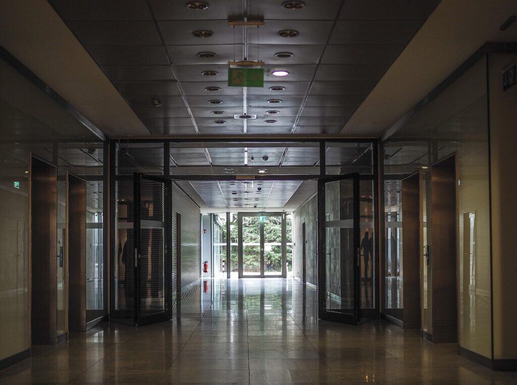 architecture, corridor, hallway, perspective, building, light, office, doors, sliding doors, office building, window, glass, modern, property, inner space, sliding doors, sliding doors, sliding doors, sliding doors, sliding doors Sliding Door Repair Gallery